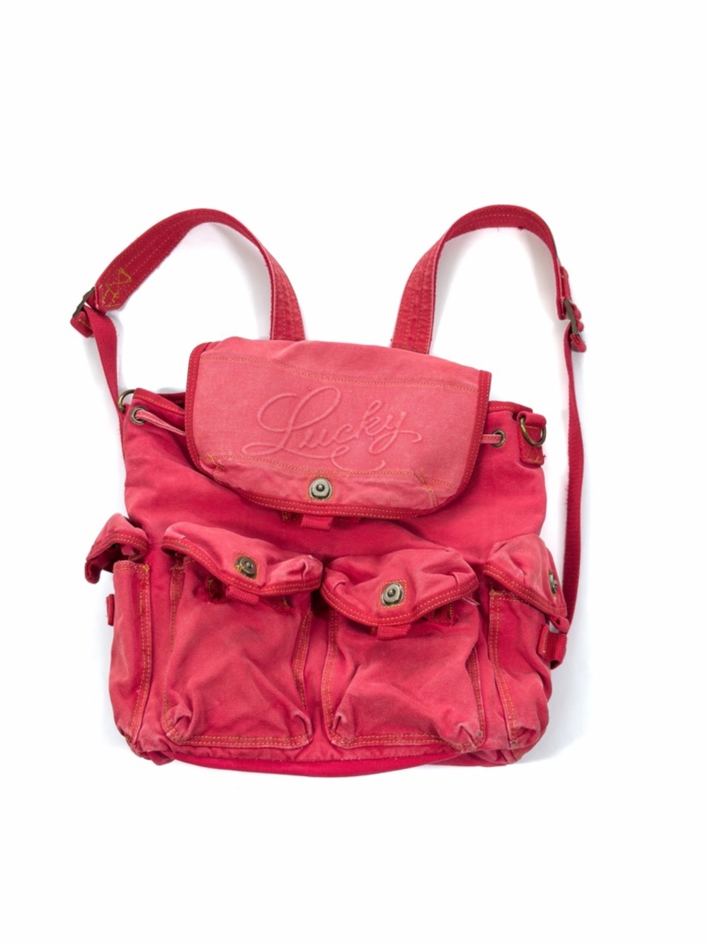 Lucky Brand Ruck Sack Messenger Bag Red Canvas Hippie Retro Sun Faded